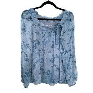 GIUSY Italy Silk Floral Print Popover Blouse Blue S
